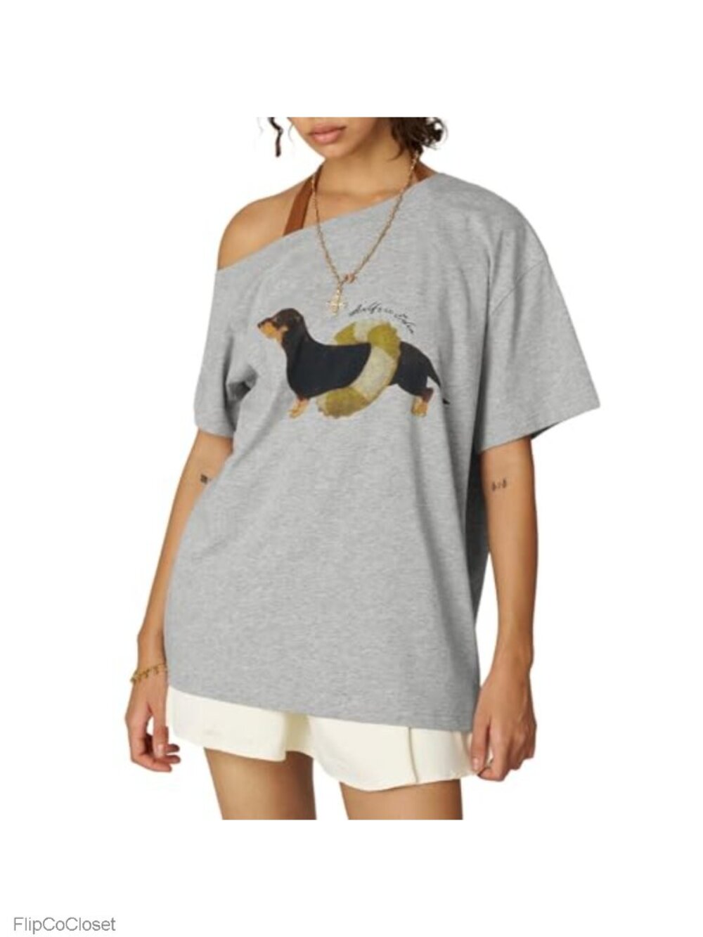 Oversized Dachshund Graphic Off Shoulder Tee 100% Cotton Y2K Top